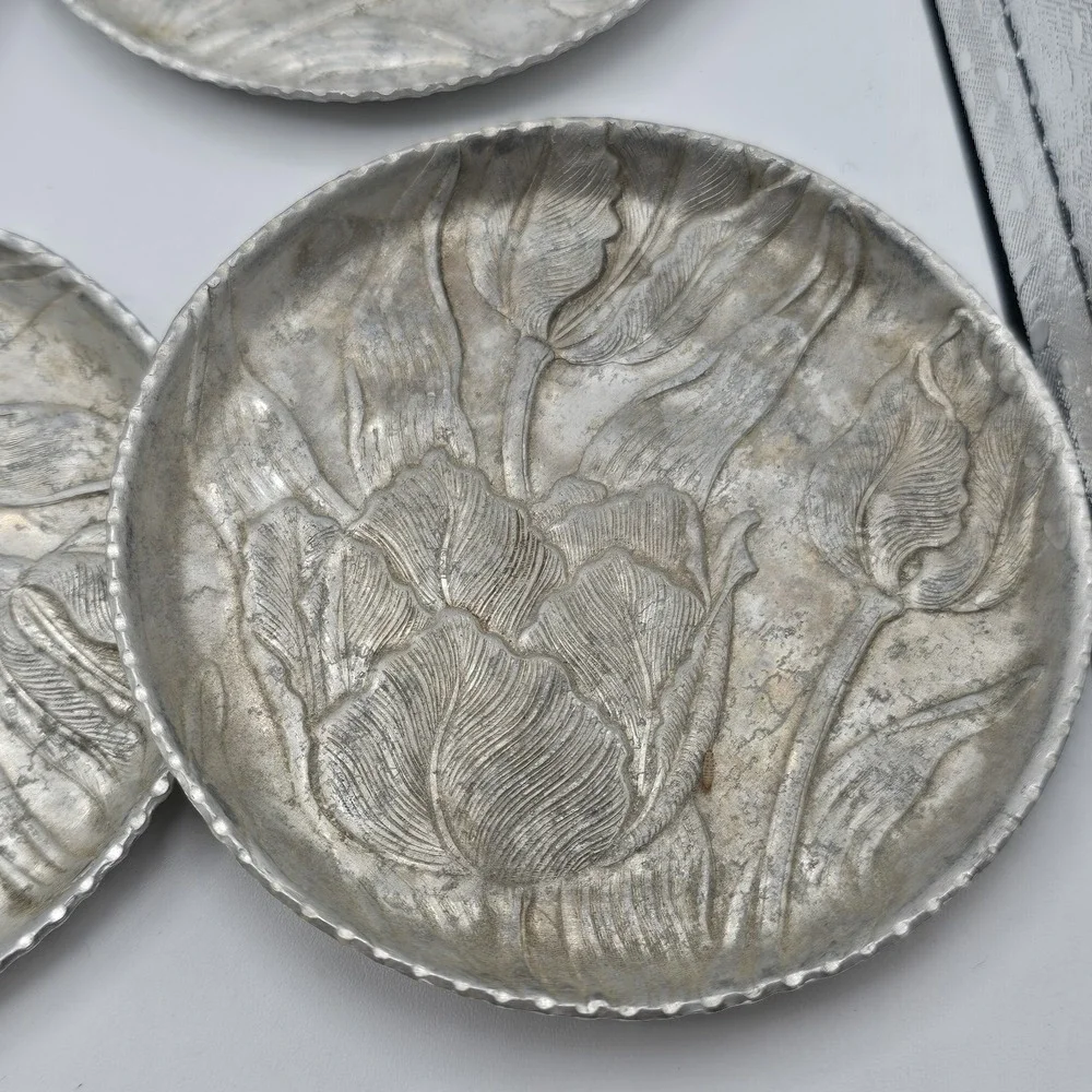 Vintage Hammered‎ Aluminum Coaster Set Tulip Floral Design 7 Pc Mcm Cottagecore